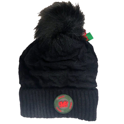 Black Welsh Dragon Bobble Hat - Black Pom Pom