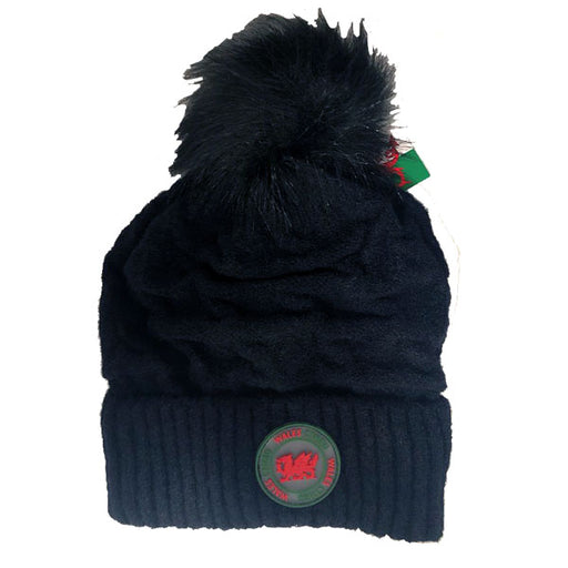 Welsh Flag Knitted Bobble Hat - Black Pom Pom
