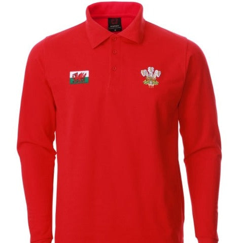 Long Sleeve Red Polo Shirt - Feathers
