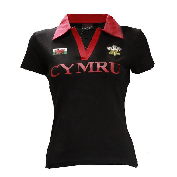 Ladies Short Sleeve Welsh 'CYMRU' Rugby Shirt - Black
