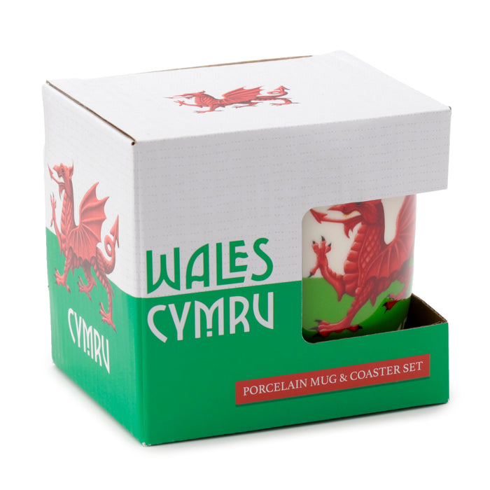 Welsh Dragon Wales (Cymru) Souvenir Porcelain Mug & Coaster Set