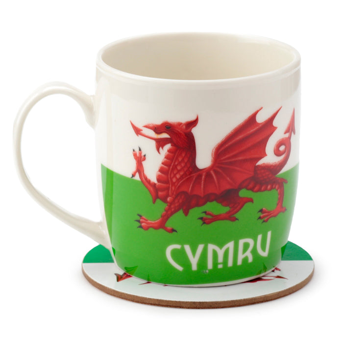 Welsh Dragon Wales (Cymru) Souvenir Porcelain Mug & Coaster Set