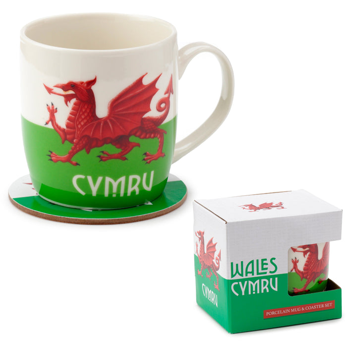 Welsh Dragon Wales (Cymru) Souvenir Porcelain Mug & Coaster Set
