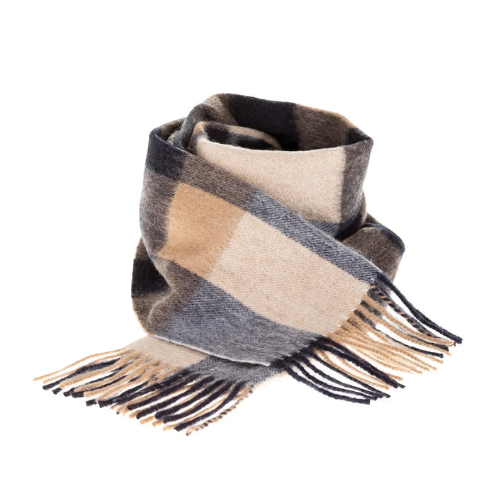 Welsh Woollens 100% Lambswool Scarf Bursted Check Neutral/Navy