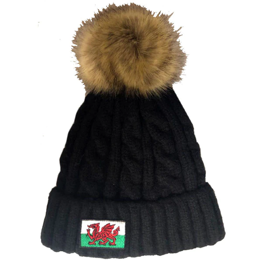 Black Welsh Flag Bobble Hat - Cream Pom Pom