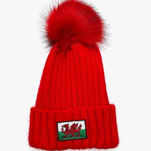 Red Welsh Flag Bobble Hat - Red Pom Pom